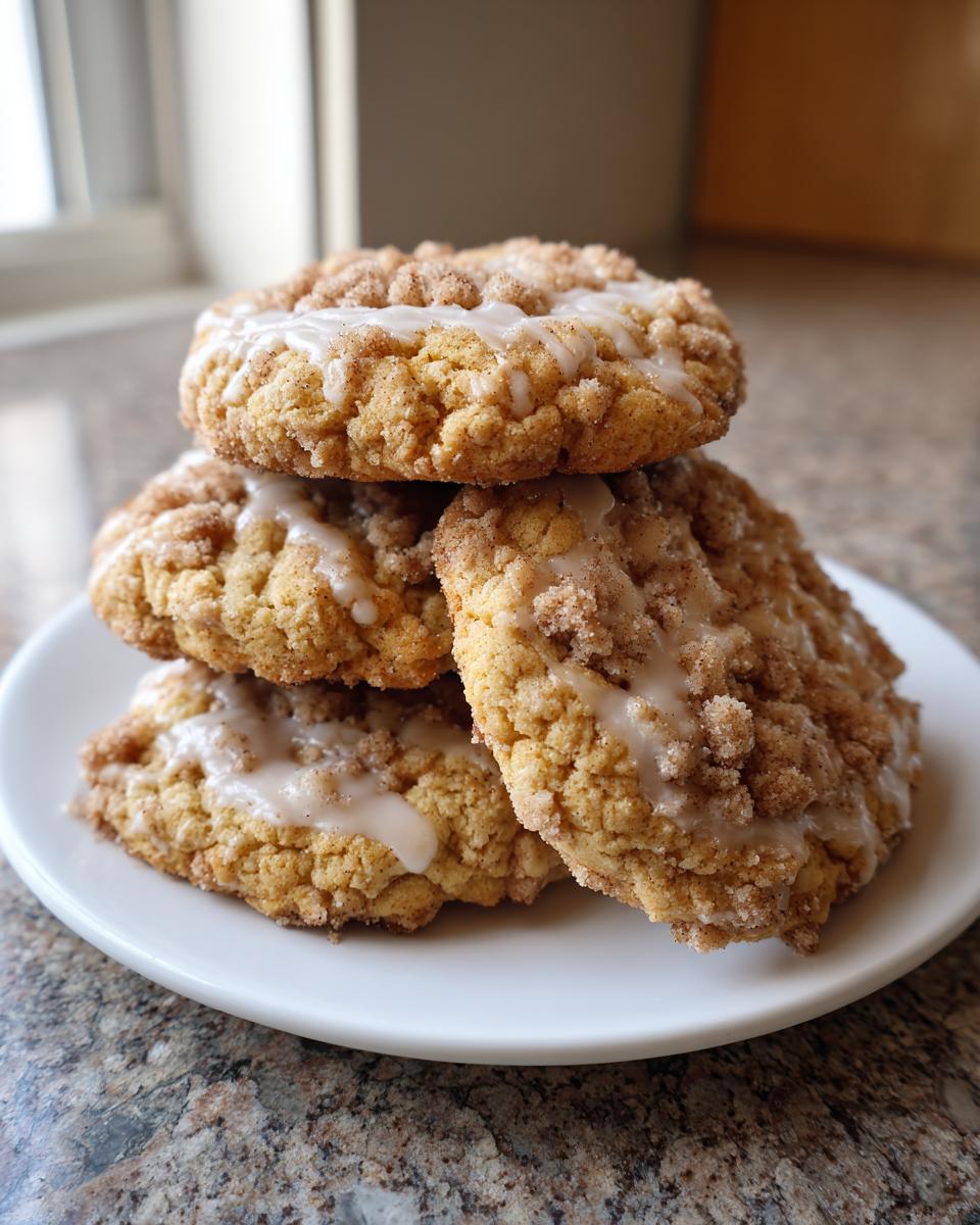 A stack of four soft coffee cake cookies topped with cinnamon streusel and a vanilla glaze.