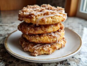 A stack of four thick coffee cake cookies topped with cinnamon streusel and a vanilla glaze drizzle.