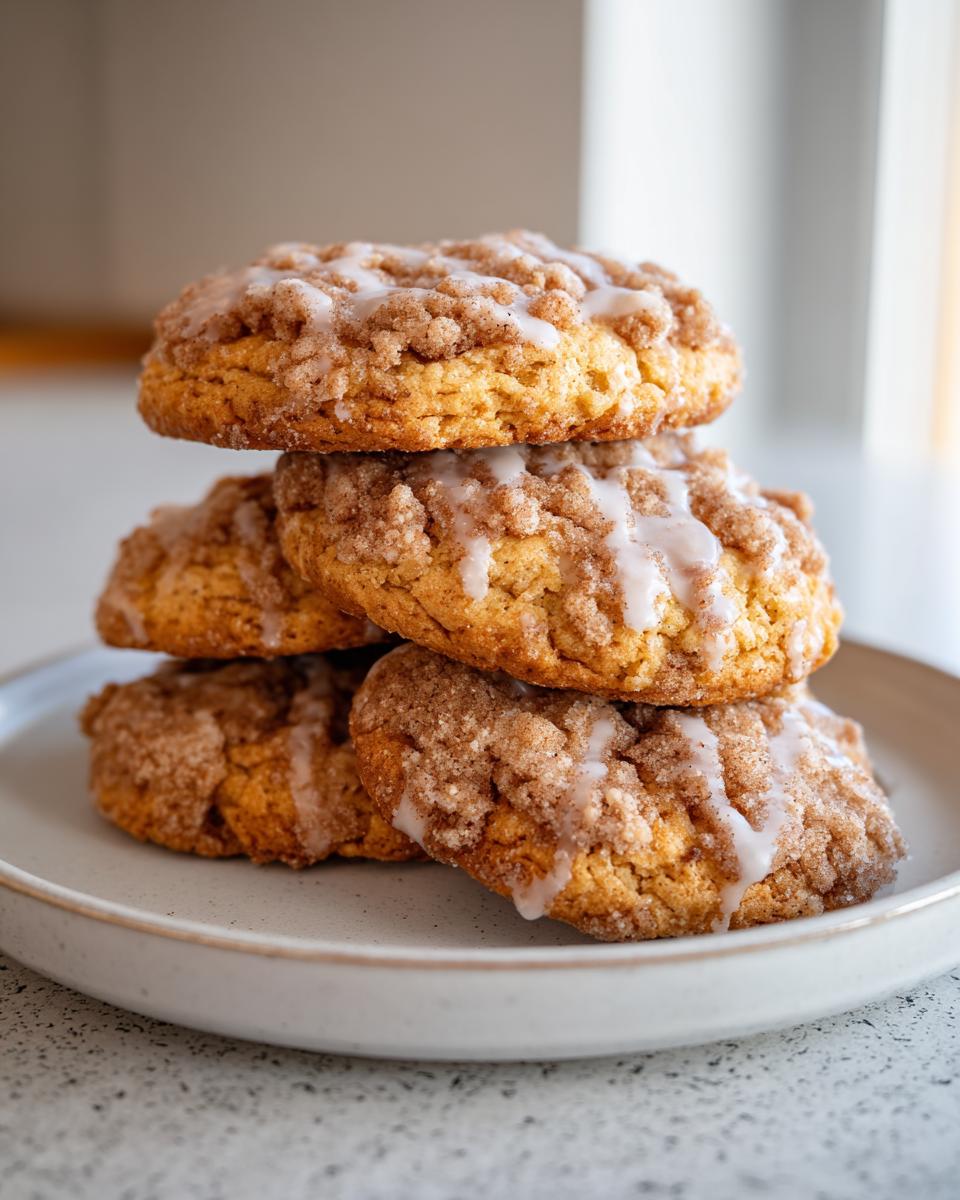 A stack of four soft coffee cake cookies topped with cinnamon streusel and a vanilla glaze drizzle.