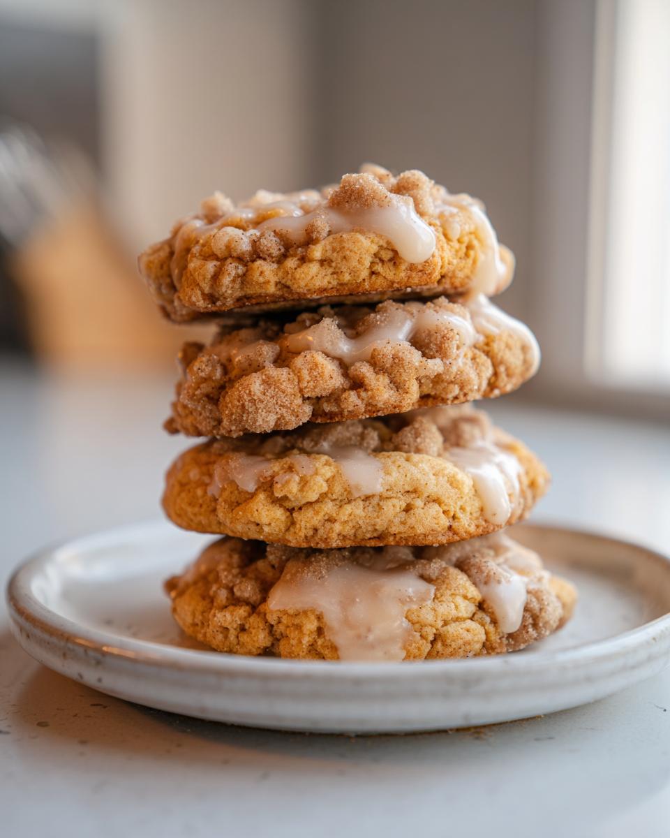 A stack of four soft coffee cake cookies topped with cinnamon streusel and a vanilla glaze.