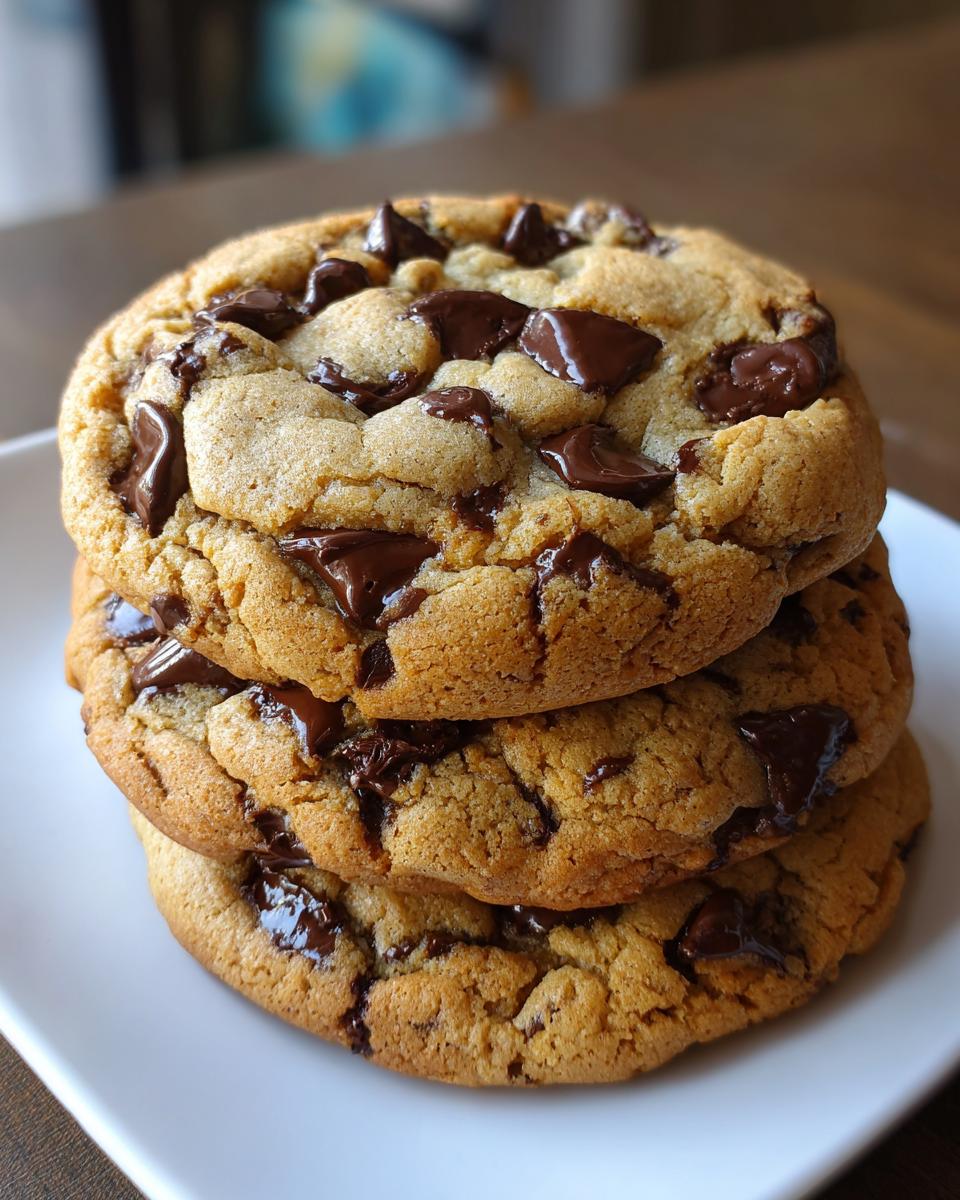 A vertical stack of three thick, chewy cream cheese chocolate chip cookies loaded with melted chocolate chunks.