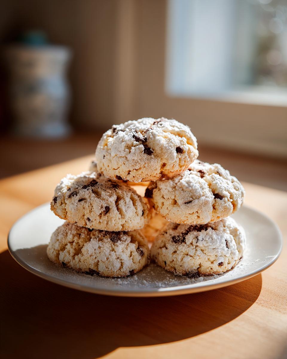 A stack of five delicious cannoli cookies dusted heavily with powdered sugar and containing mini chocolate chips.