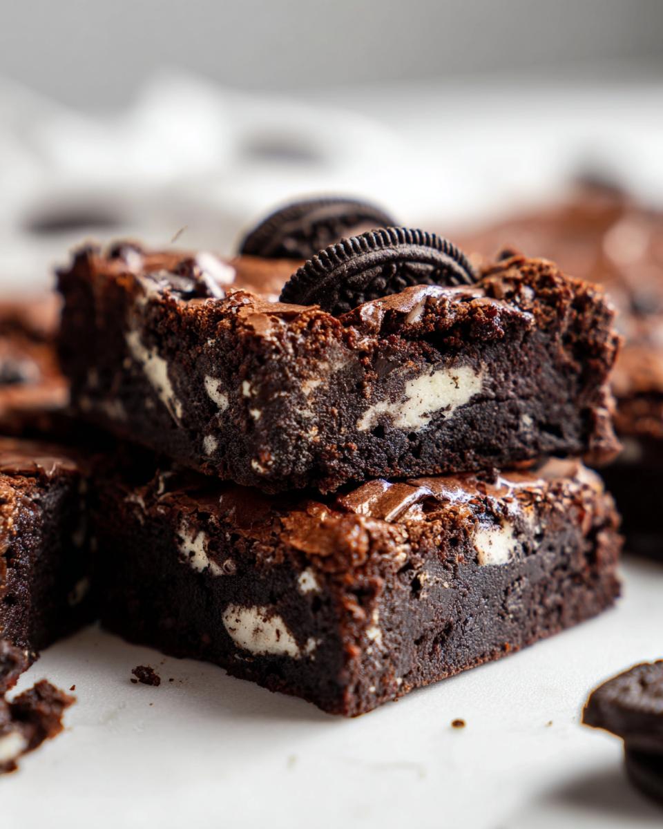 Two stacked, fudgy Oreo brownies showing chunks of white cream filling and topped with a whole Oreo cookie.
