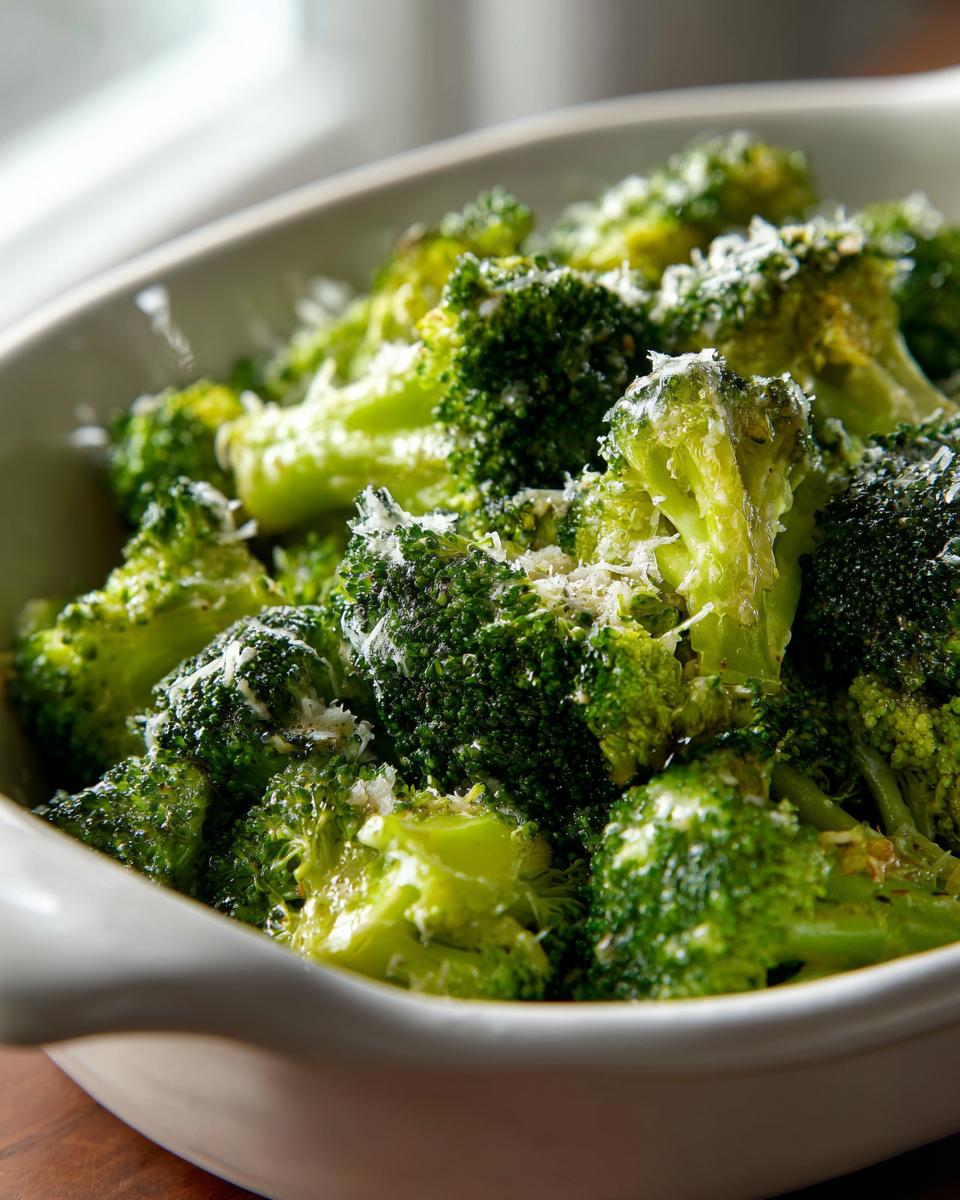 Close-up of bright green steamed broccoli florets topped with grated Parmesan cheese in a white bowl.