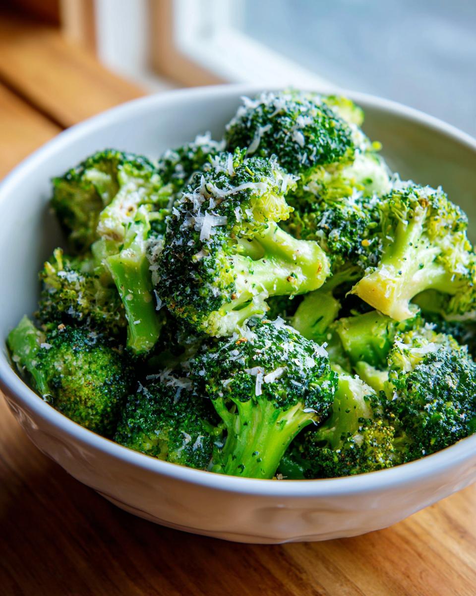 Close-up of vibrant green steamed broccoli florets topped with grated Parmesan cheese in a white bowl.