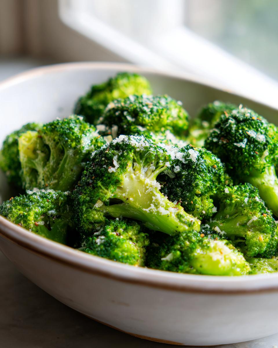Close-up of bright green steamed broccoli florets topped with grated Parmesan cheese and seasoning.
