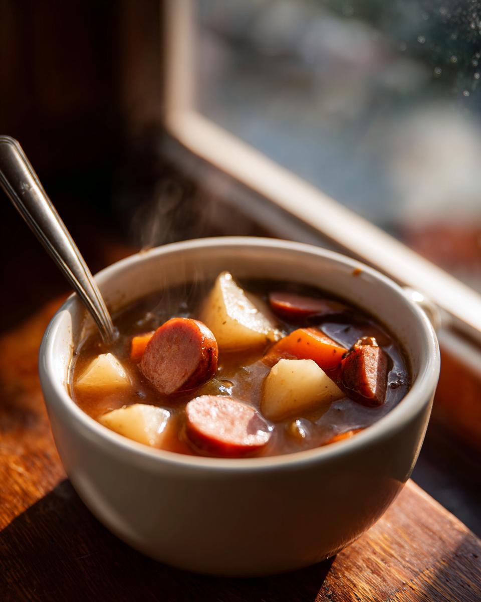 A steaming white bowl filled with hearty potato and sausage chowder, set near a sunlit window.