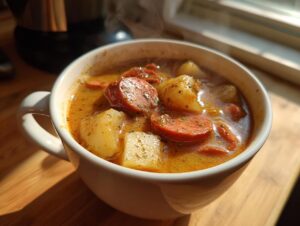 Close-up of a steaming white mug filled with rich potato and sausage chowder, seasoned with herbs.
