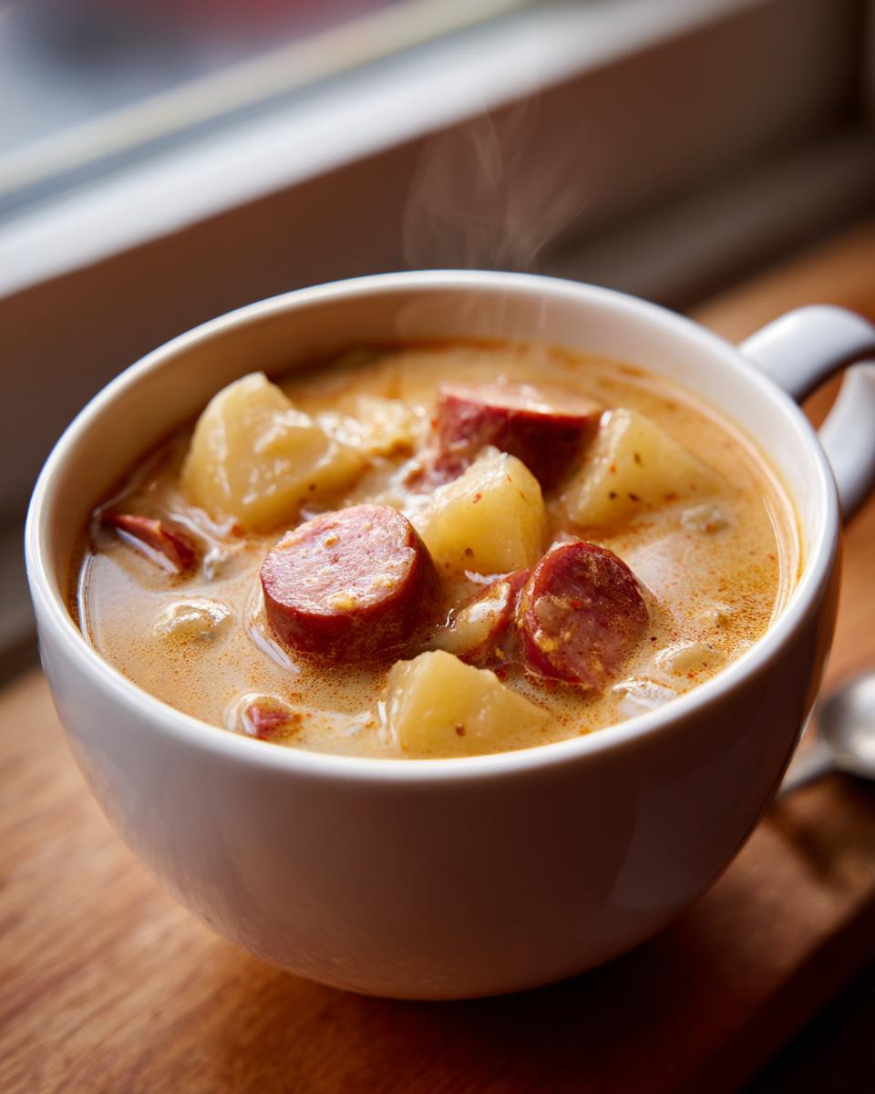Close-up of a steaming white mug filled with creamy potato and sausage chowder, set near a window.