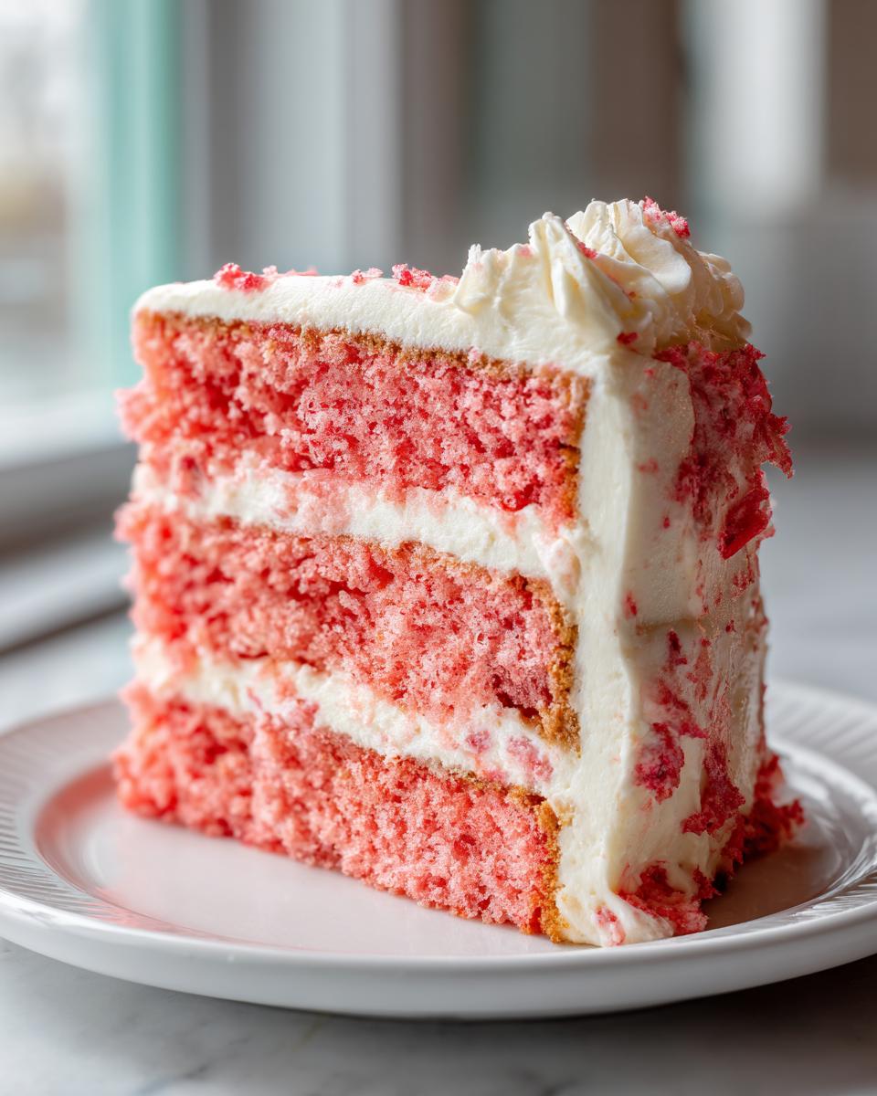 A tall slice of moist, pink strawberry cake layered with white frosting, served on a white plate.