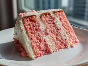 A perfect slice of moist, pink strawberry cake layered with white frosting, sitting on a white plate.
