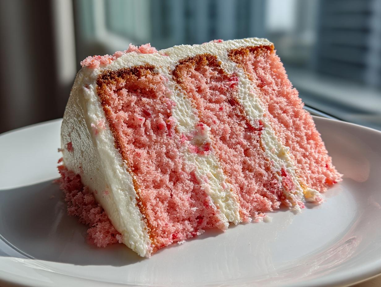A perfect slice of moist, pink strawberry cake layered with white frosting, sitting on a white plate.