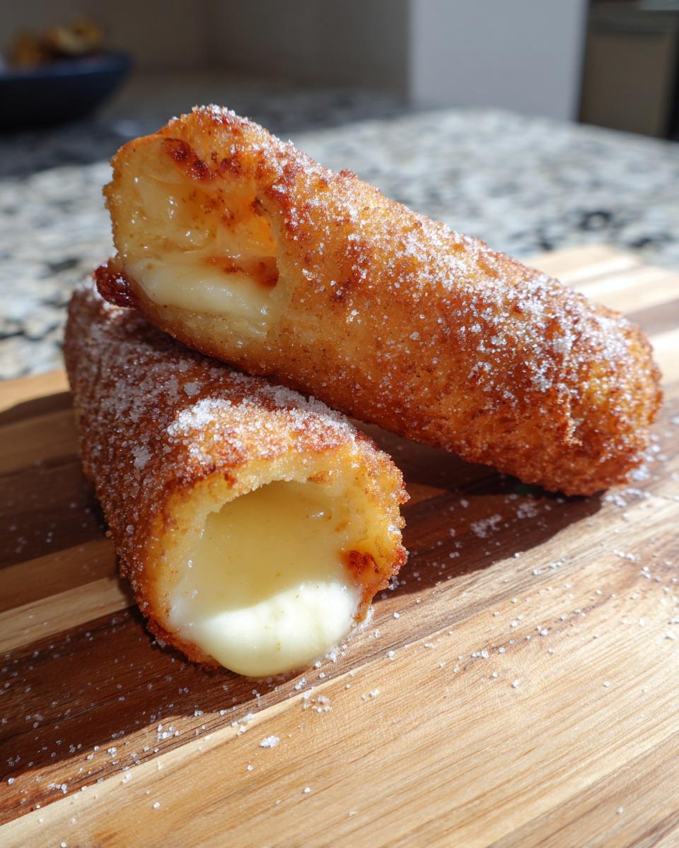 Close-up of a sugar-coated korean corn dog cut in half, showing the gooey, melted mozzarella cheese center.