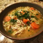 Close-up of a steaming bowl of turkey soup featuring shredded turkey, rice, large carrot chunks, and fresh parsley garnish.