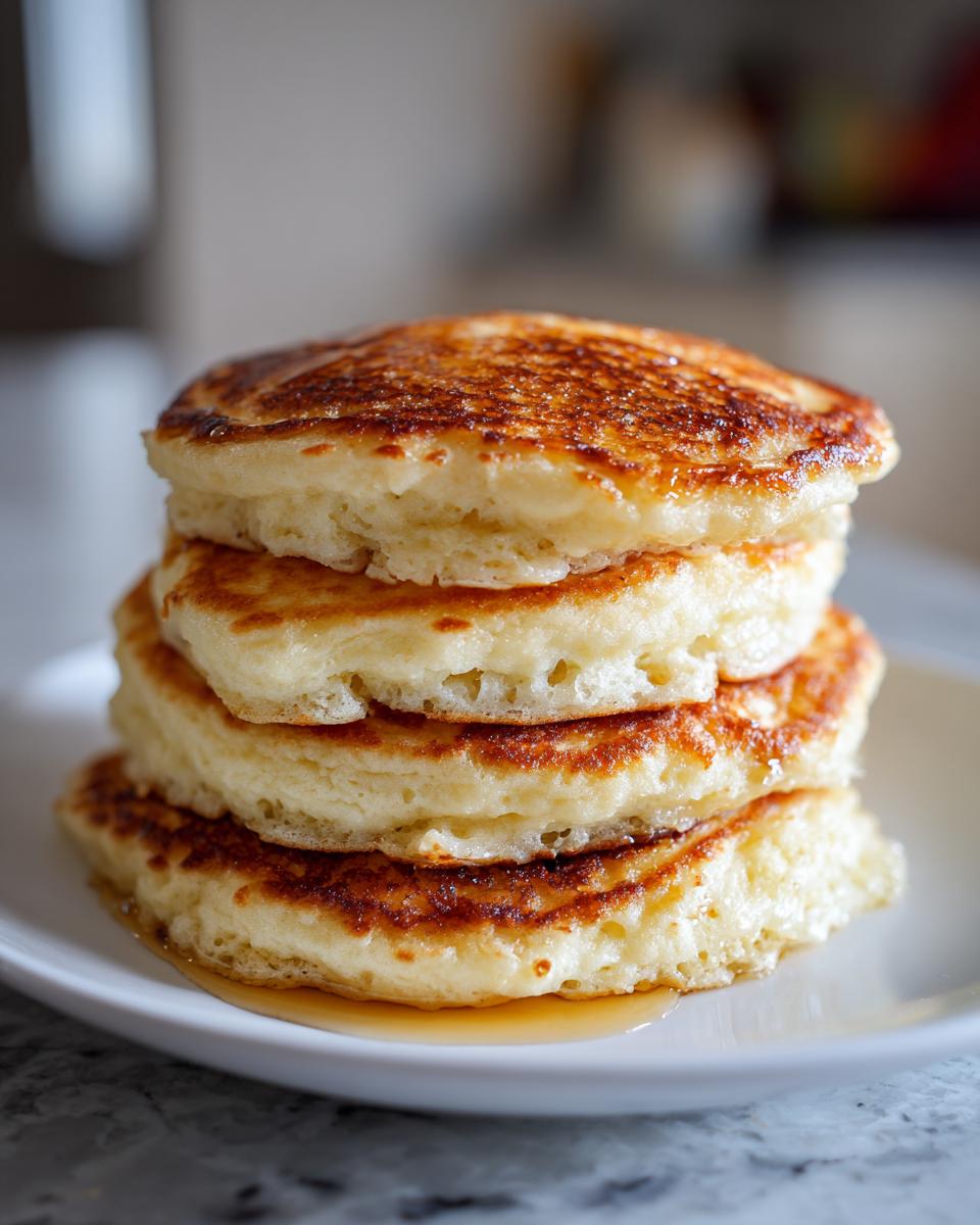 A tall stack of four fluffy pancakes drizzled with syrup on a white plate, showcasing their golden brown tops.