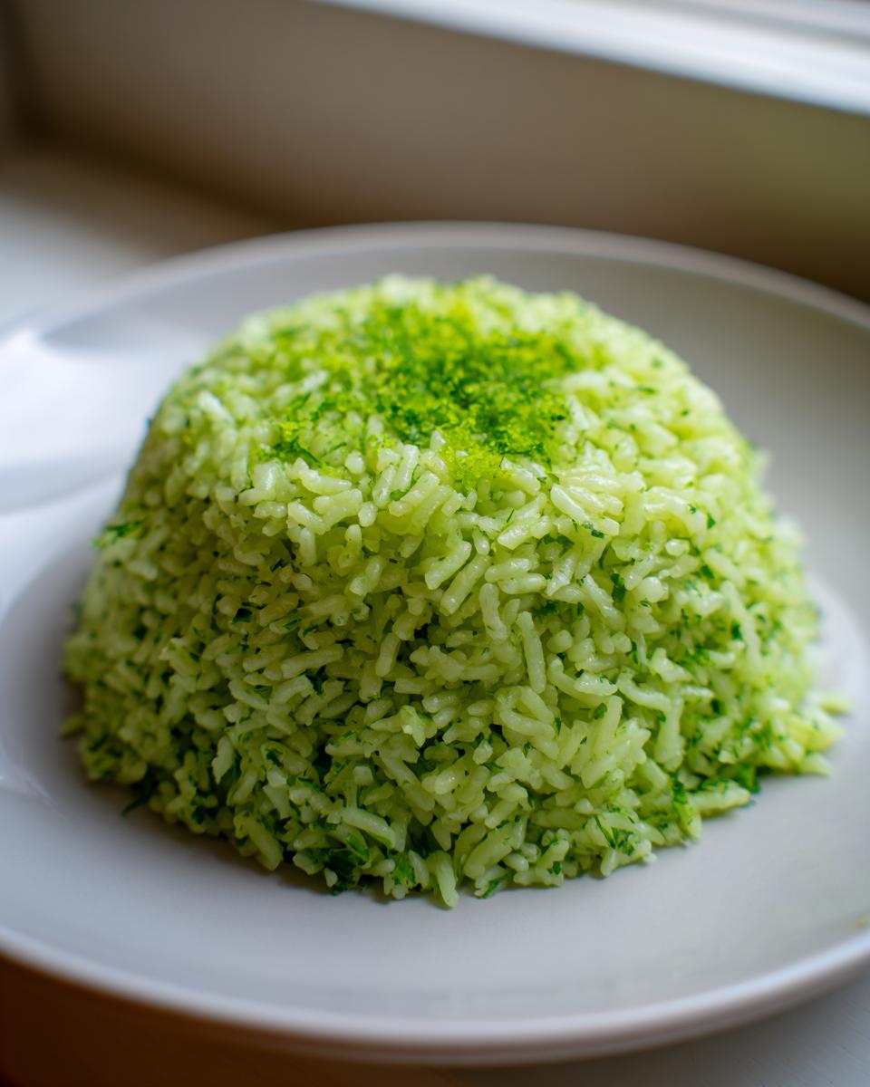 A perfectly molded mound of bright green cilantro lime rice topped with fresh lime zest on a light gray plate.