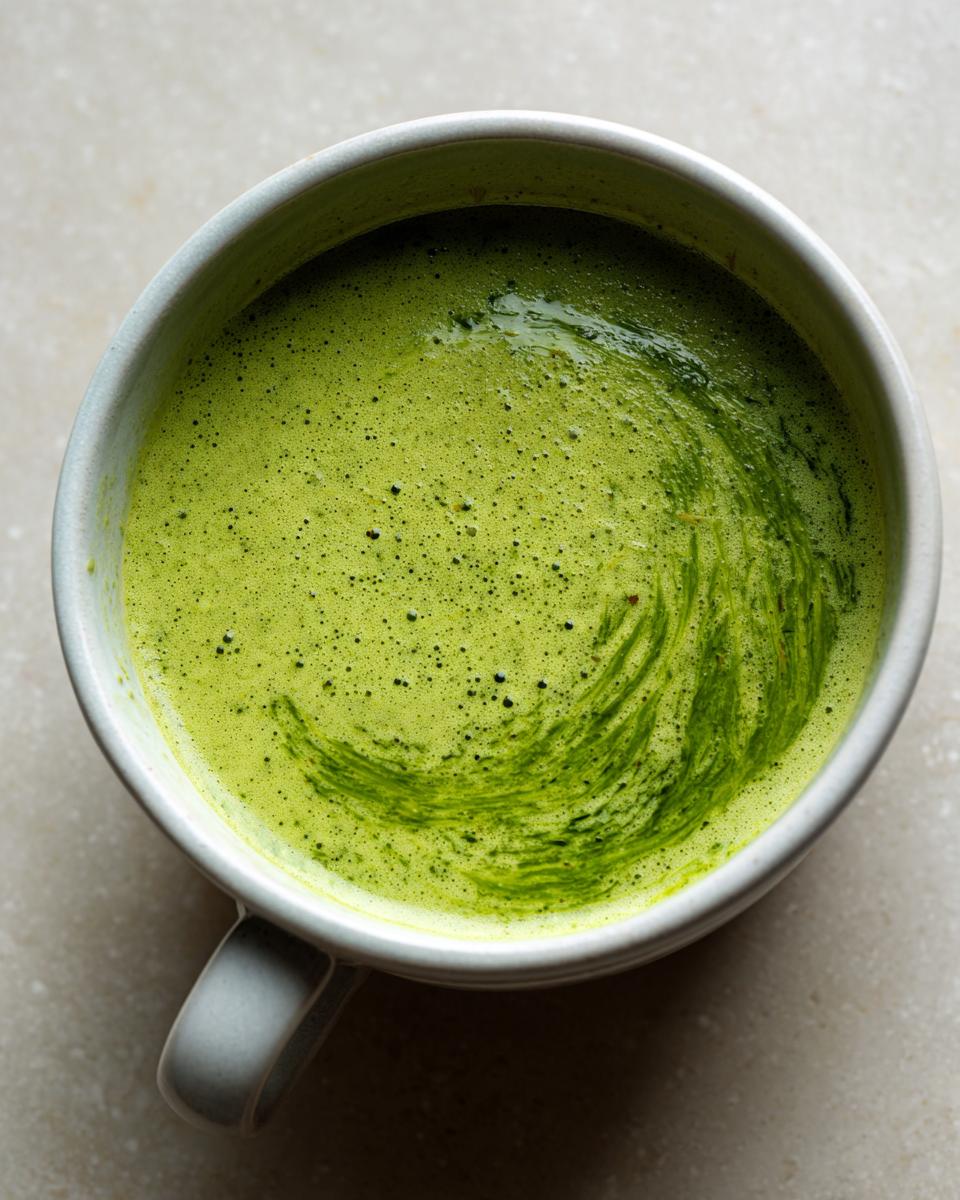 Overhead view of vibrant green zucchini soup with foam swirls in a light-colored mug.