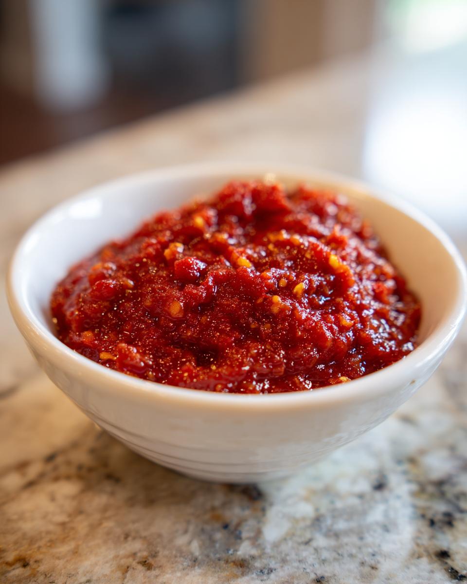 Close-up of thick, rich red tomato sauce with visible seeds in a small white bowl.
