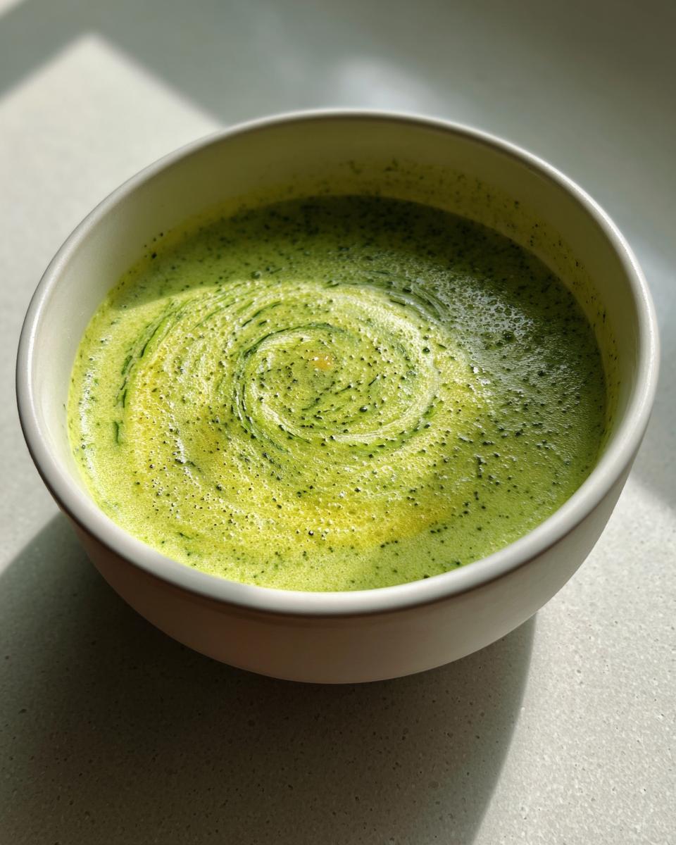 Close-up of a bowl of bright green zucchini soup with a creamy swirl pattern on top.