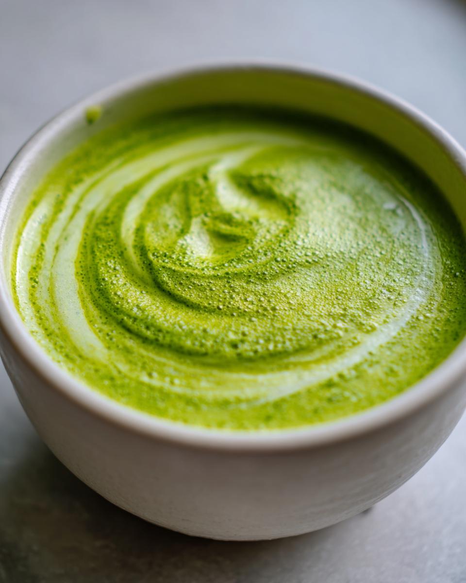 Close-up of bright green zucchini soup with a frothy swirl pattern in a white bowl.