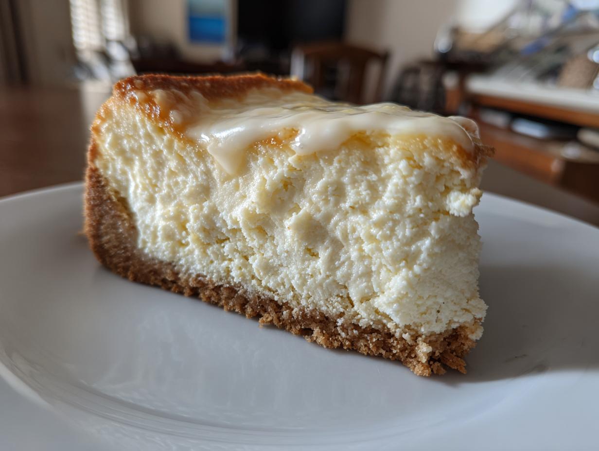 A close-up of a thick slice of white chocolate cheesecake with a graham cracker crust and white drizzle.