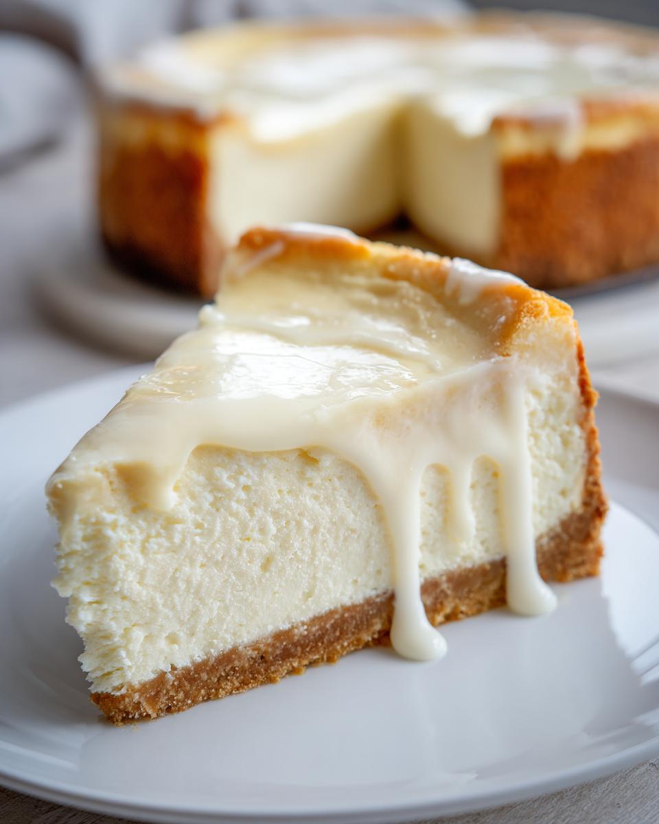 A decadent slice of white chocolate cheesecake with a thick graham cracker crust and creamy white chocolate drizzle.
