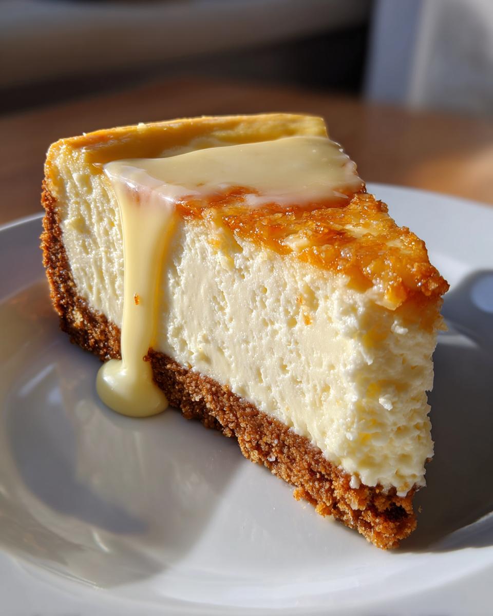 A close-up of a perfect slice of rich white chocolate cheesecake with a graham cracker crust, topped with a creamy white chocolate drizzle.