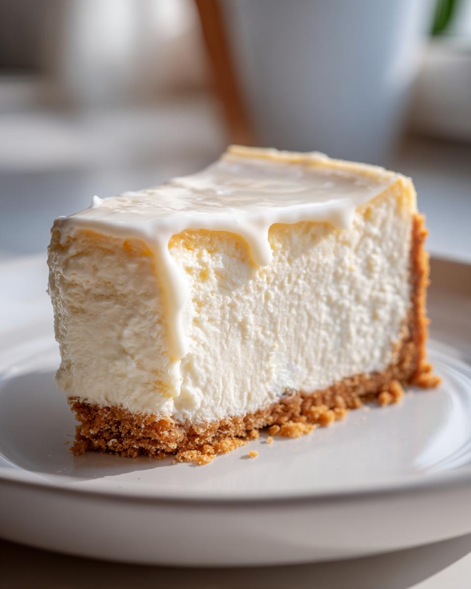 A close-up of a thick slice of creamy white chocolate cheesecake with a graham cracker crust and white chocolate glaze dripping down the side.