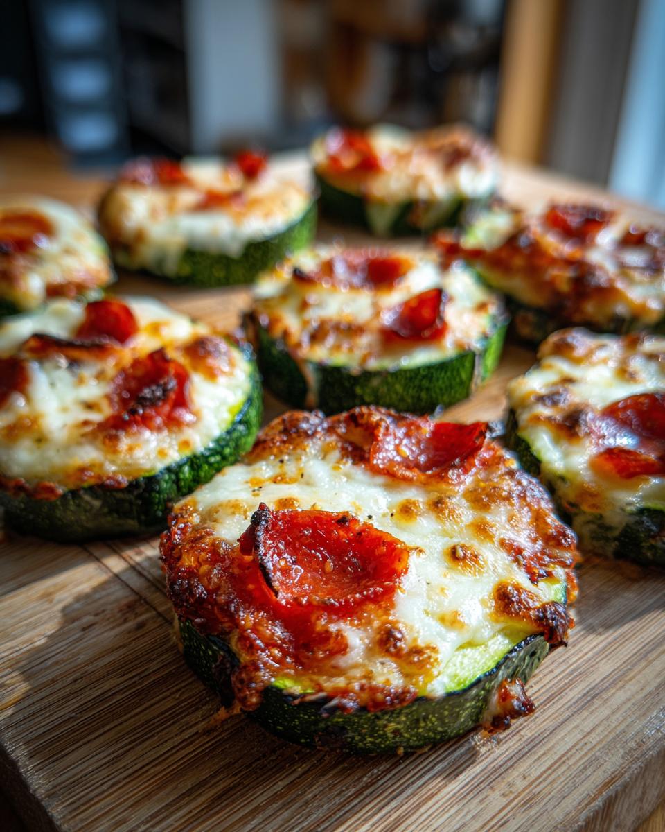 Close-up of several baked zucchini pizza bites topped with melted cheese and pepperoni slices on a wooden board.