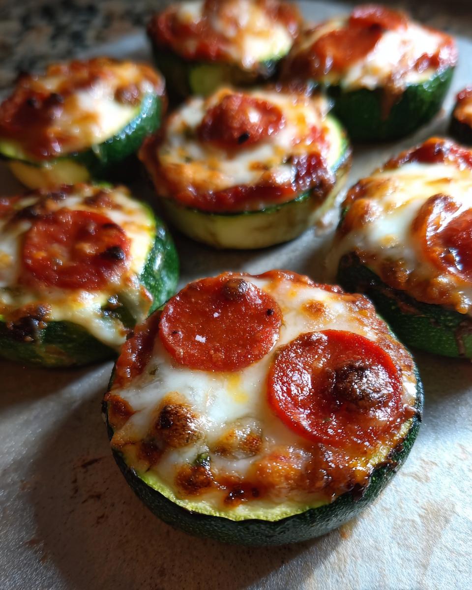 Close-up of several baked zucchini pizza bites topped with melted cheese, sauce, and pepperoni slices.