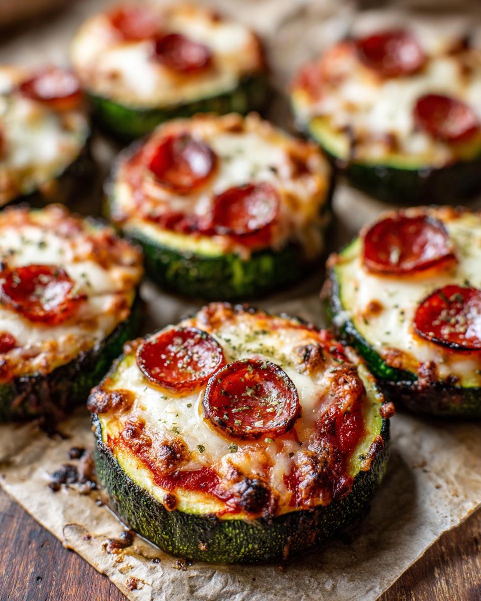 Close-up of baked zucchini pizza bites topped with melted cheese, sauce, and pepperoni slices.