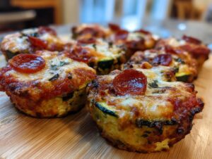 Close-up of several baked zucchini pizza bites topped with melted cheese, sauce, and pepperoni slices, sitting on a wooden board.